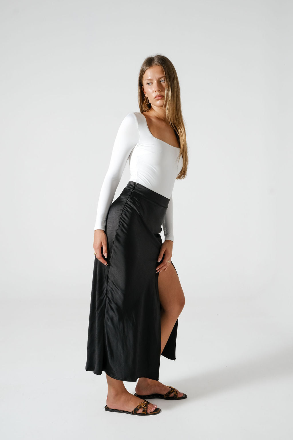 Satin Front Split Skirt